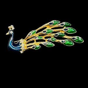 Vintage Peacock Brooch Gold Tone Metal and Enamel